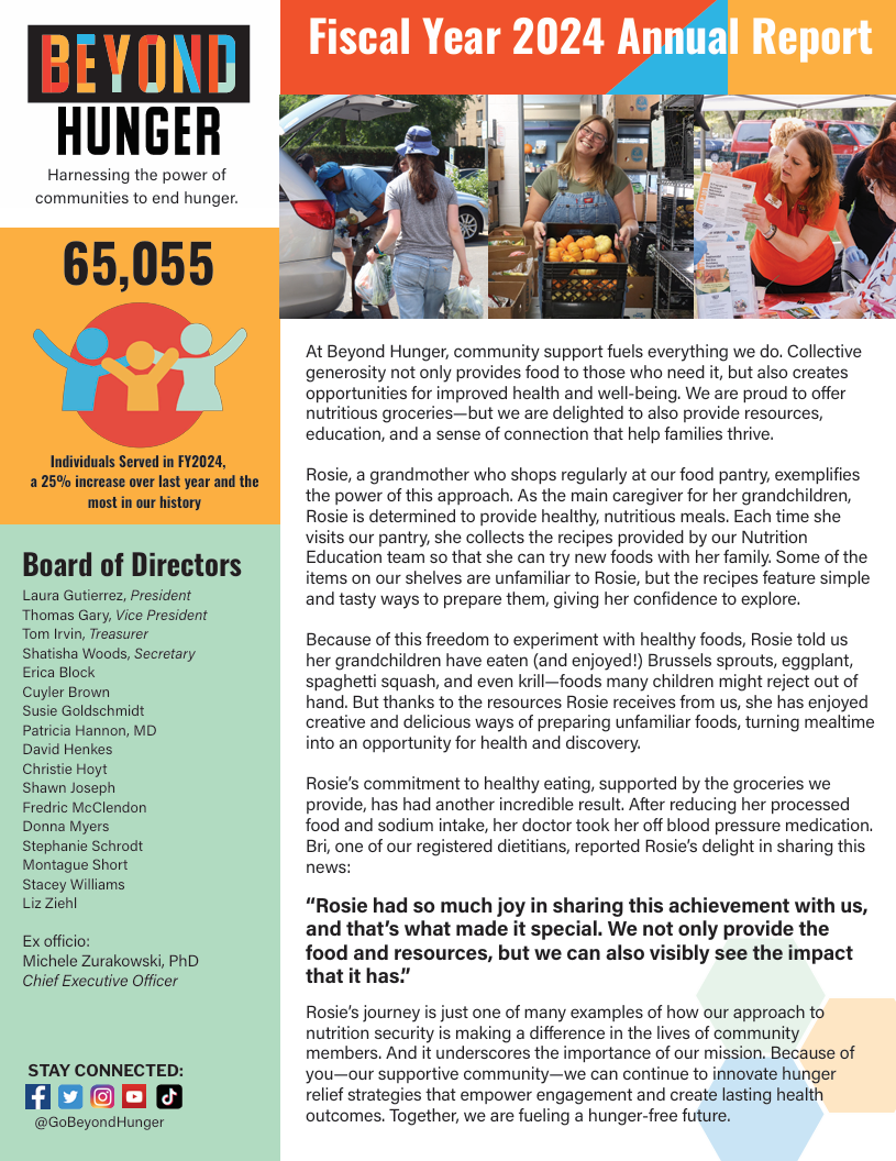 The cover page of Beyond Hunger's Fiscal Year 2024 Annual Report