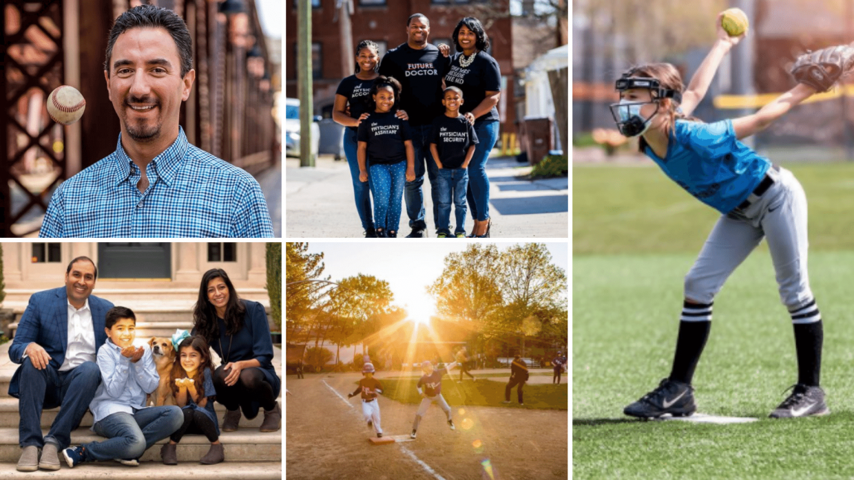 Photo montage of photosforfood: a photo of Corey Kessler, graduation family, baseball player, family on porch and baseball game in action