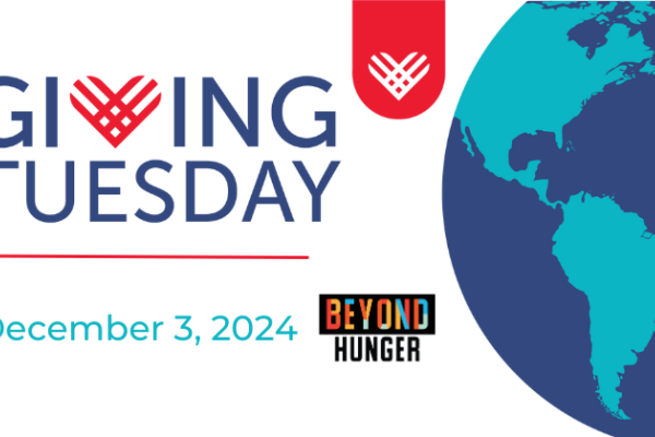 Giving Tuesday Logo with Heart in place of the V with picture of World and Beyond Hunger Logo next to December 3rd 2024